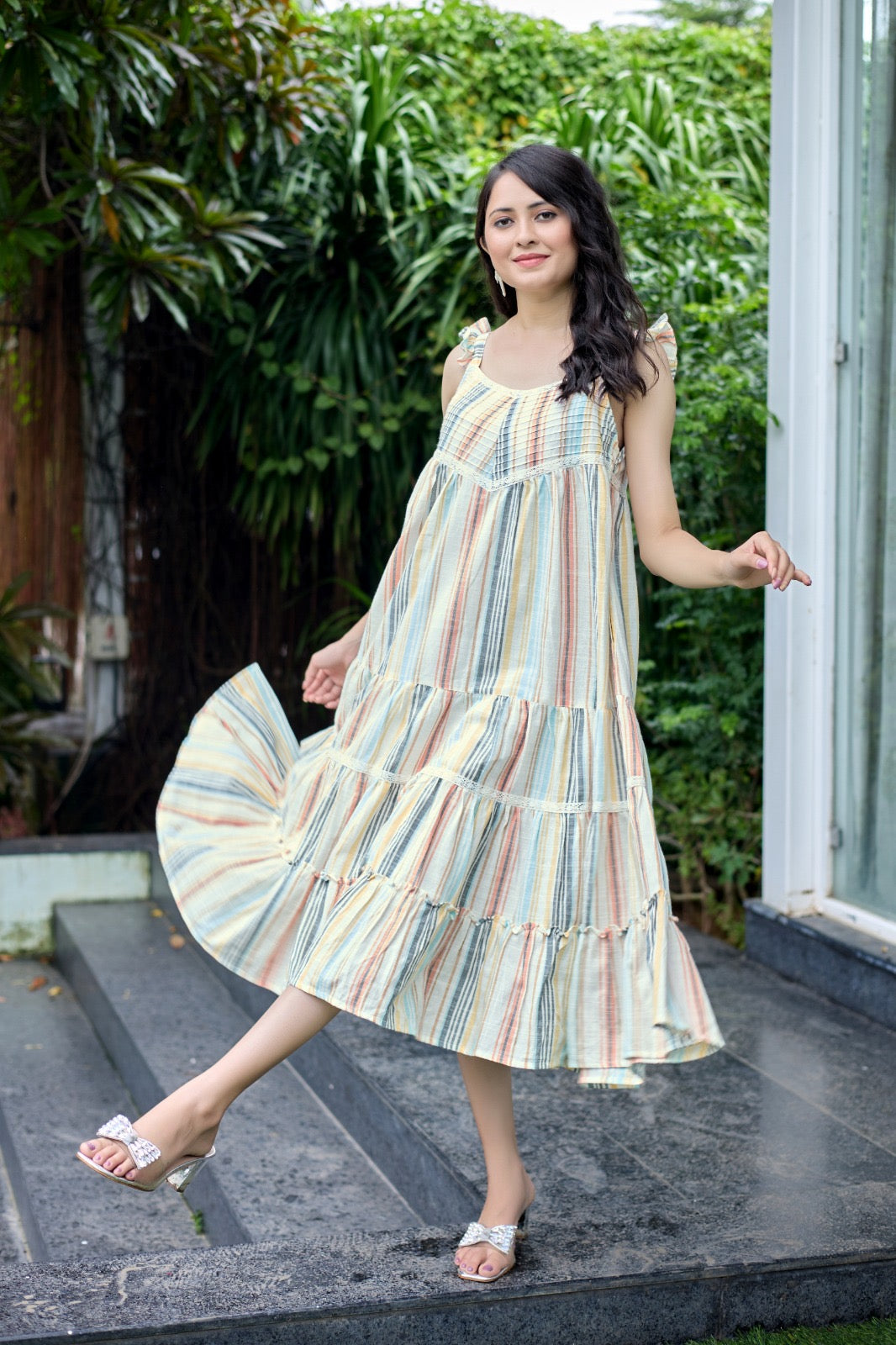 Multi-Striped Tiered Maxi Dress 