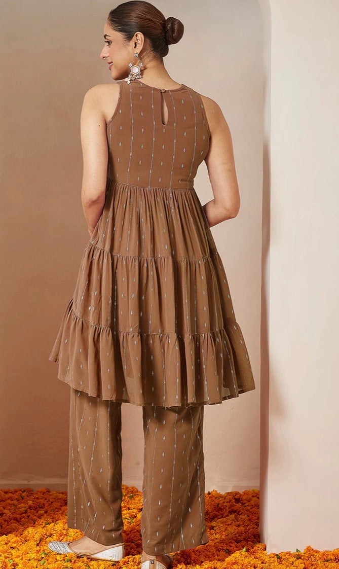 AHIRI’s Women's Brown Georgette Embellished Tiered Kurta With Palazzo Set