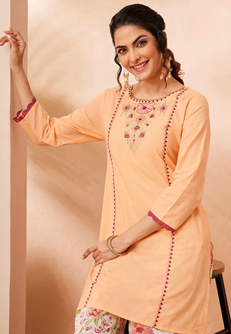 AHIRI’s Women's Peach Pure Cotton Yoke Embroidered Straight Co-Ord Set