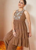AHIRI’s Women's Brown Georgette Embellished Tiered Kurta With Palazzo Set