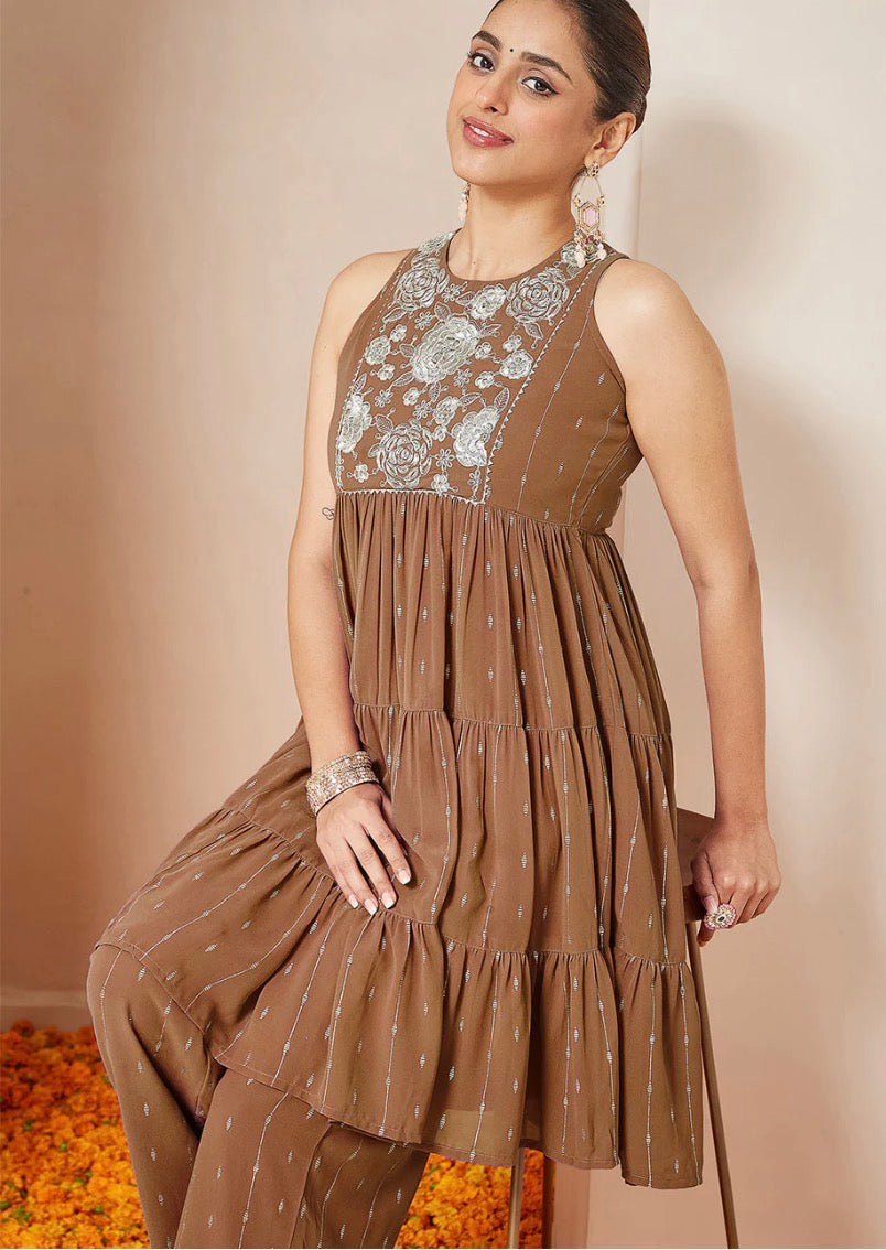 AHIRI’s Women's Brown Georgette Embellished Tiered Kurta With Palazzo Set