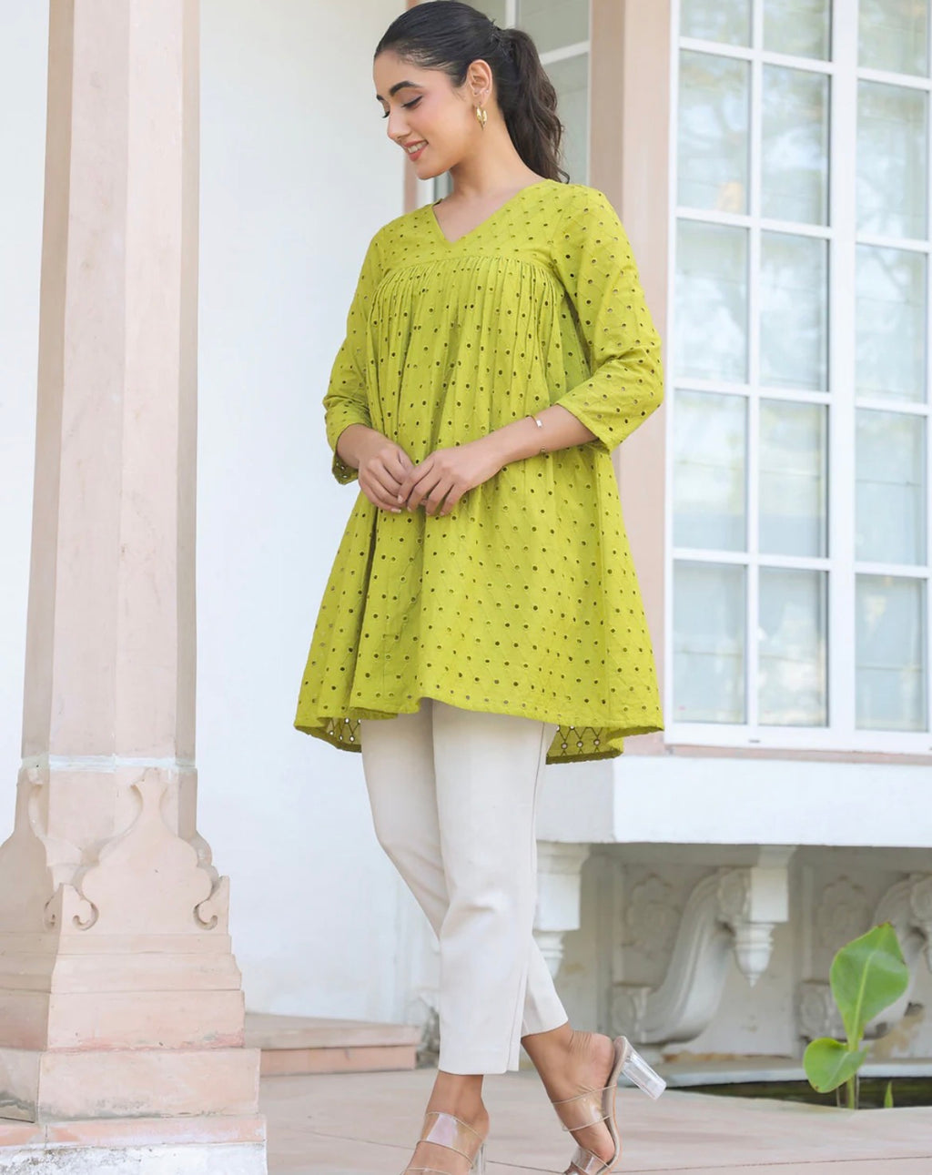 AHIRI’s Women's Lime Green Pure Cotton Schiffli A-Line Tunic