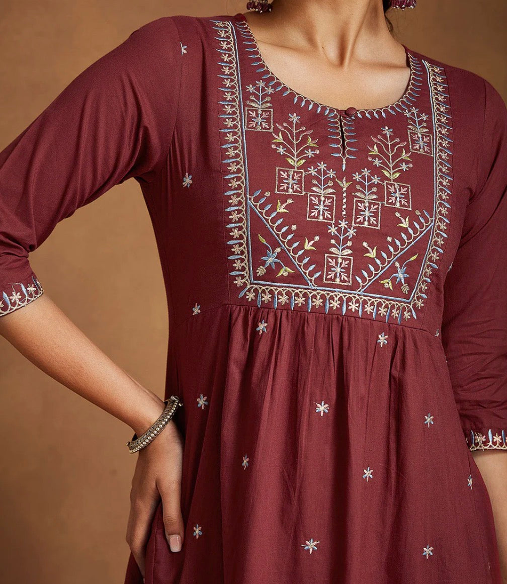 AHIRI’S Women's Maroon Pure Cotton Embroidered A-line Kurta With Pant Set