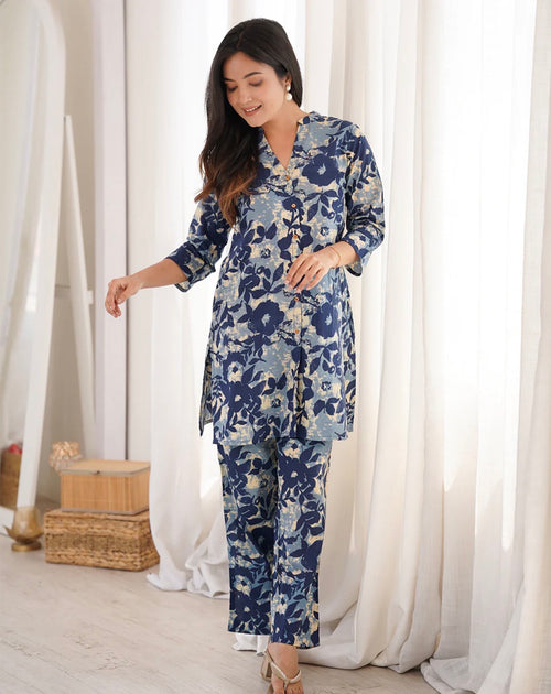 AHIRI’s Indigo Cotton Floral Regular Co-Ord Set