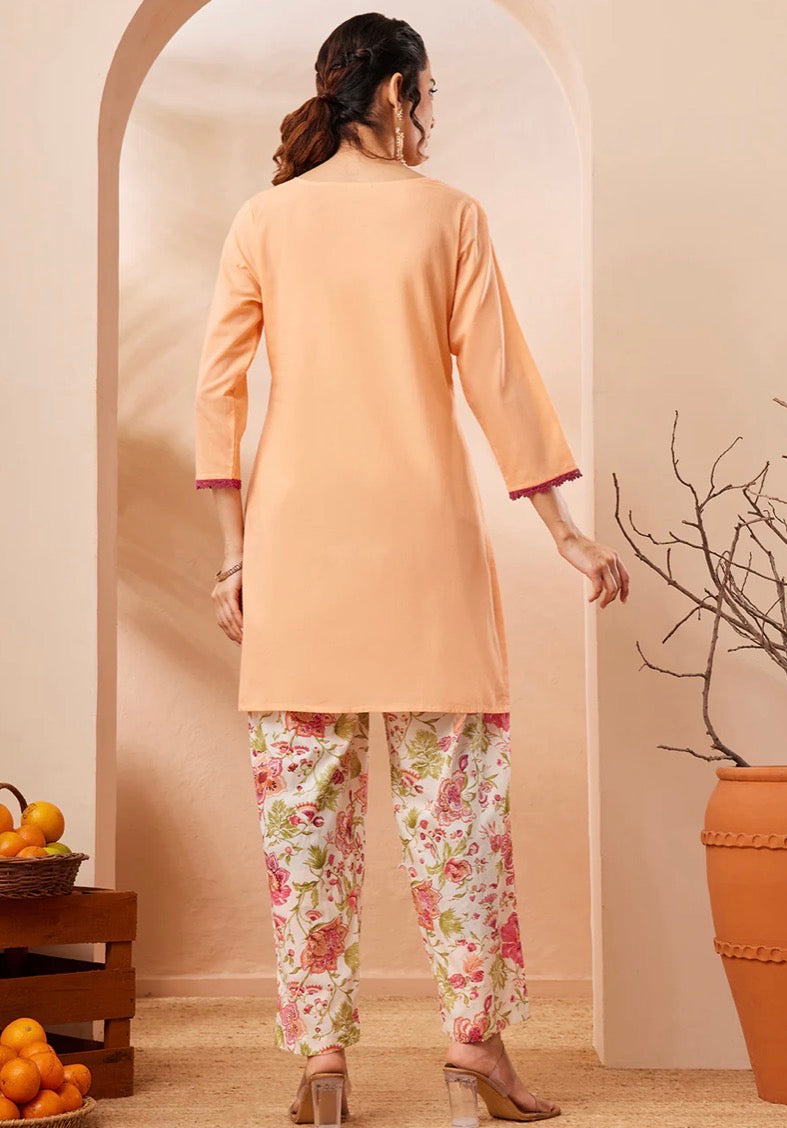 AHIRI’s Women's Peach Pure Cotton Yoke Embroidered Straight Co-Ord Set