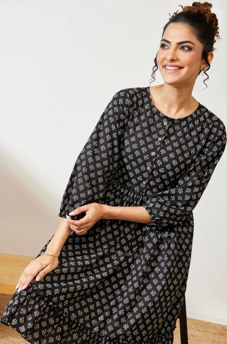 AHIRI’s Women's Black Pure Cotton Floral Printed A-Line Dress