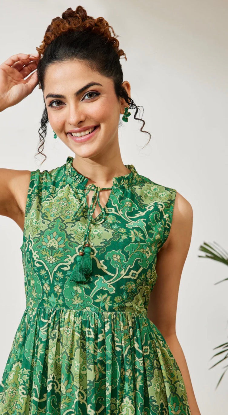 AHIRI’s Women's Green Georgette Floral Printed Fit & Flared Dress