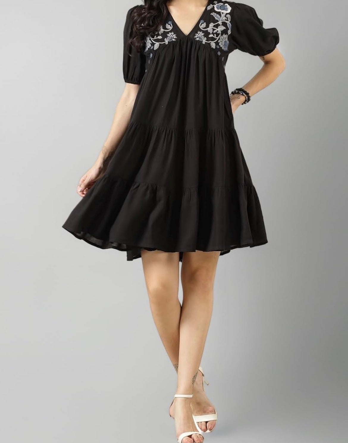 Black Solid Embroidered Midi Dress – Rayon Fabric | 38” Length