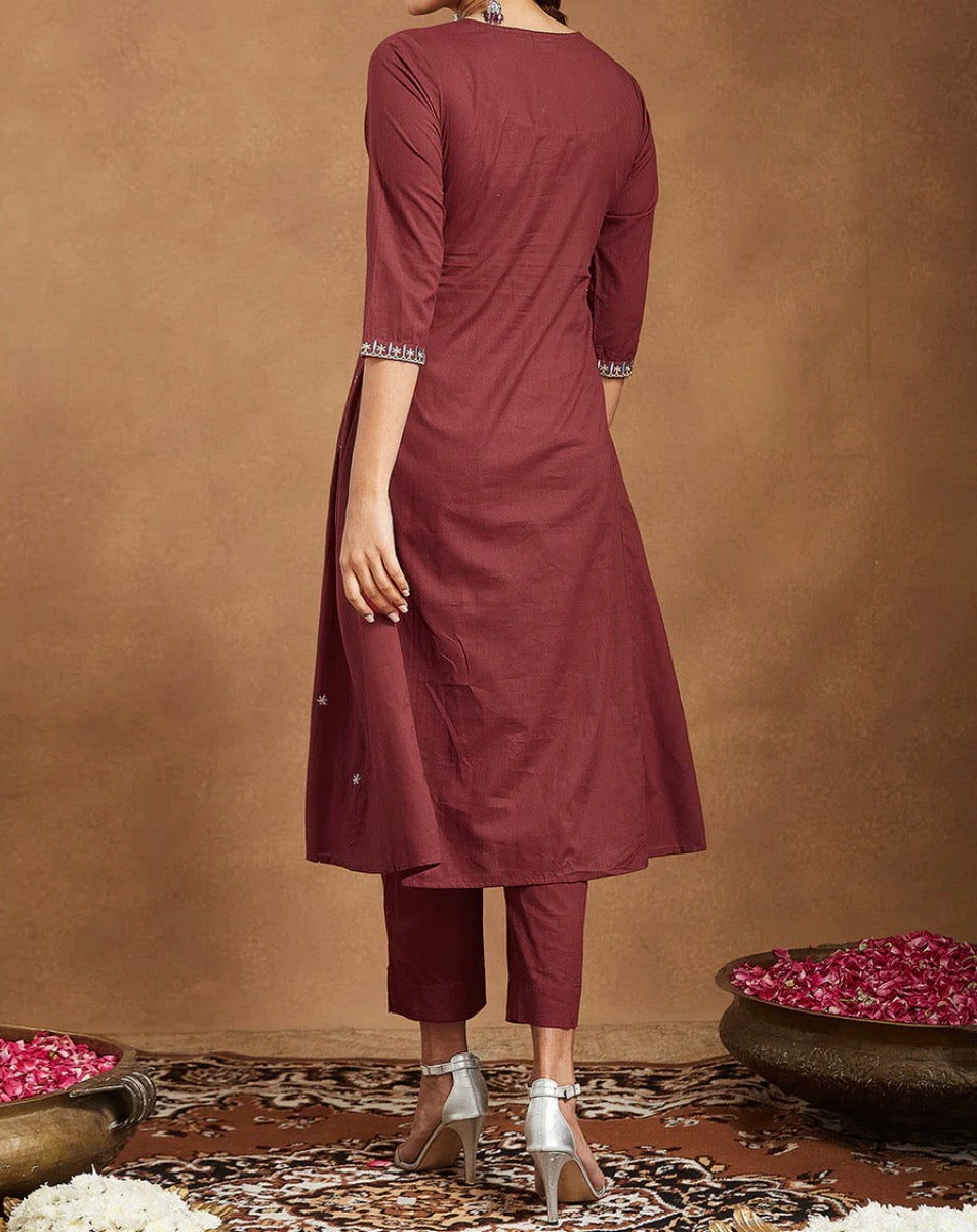 AHIRI’S Women's Maroon Pure Cotton Embroidered A-line Kurta With Pant Set