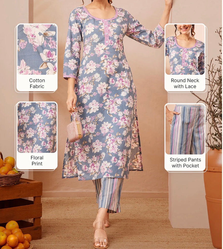 AHIRI’s Women's Grey Pure Cotton Floral Printed Straight Kurta With Pant Set