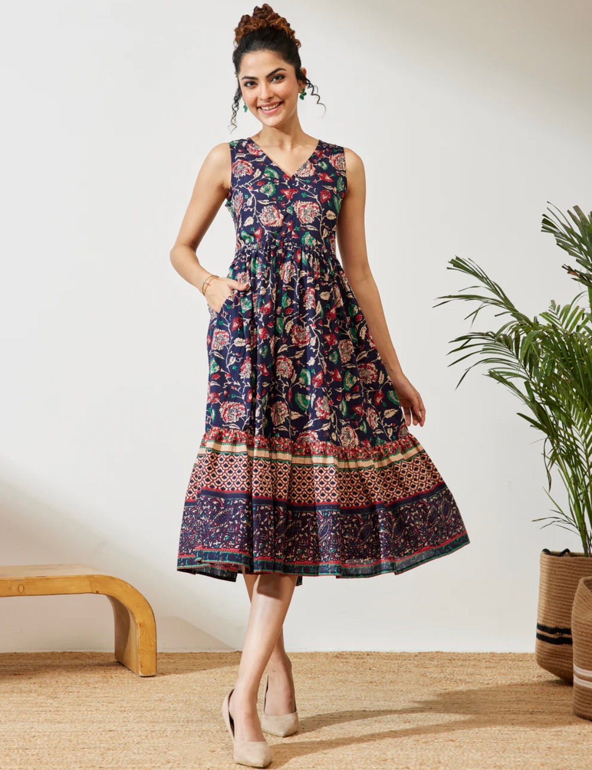 AHIRI’s Women's Navy Blue Cotton Floral Fit And Flare V Neck Dress