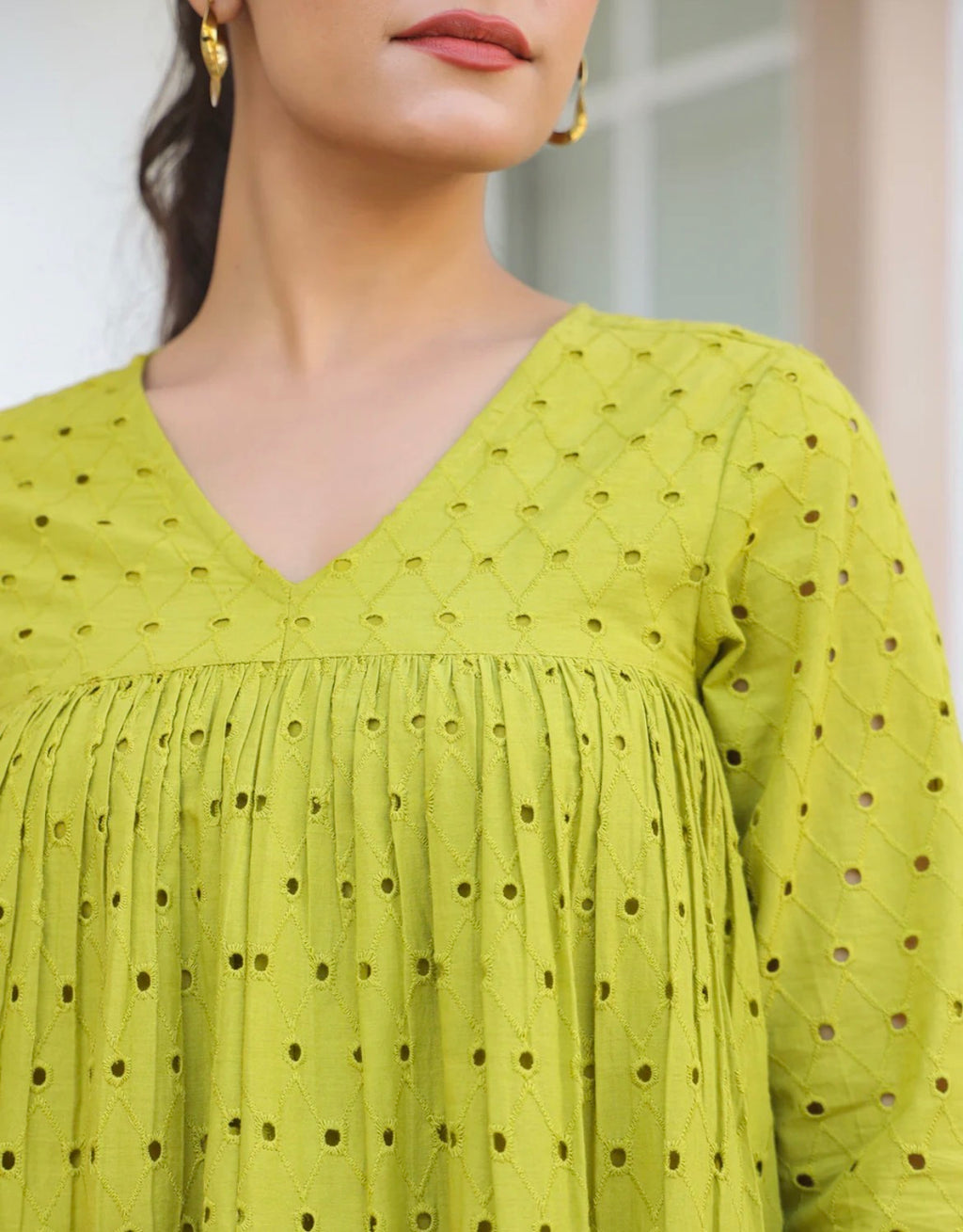 AHIRI’s Women's Lime Green Pure Cotton Schiffli A-Line Tunic