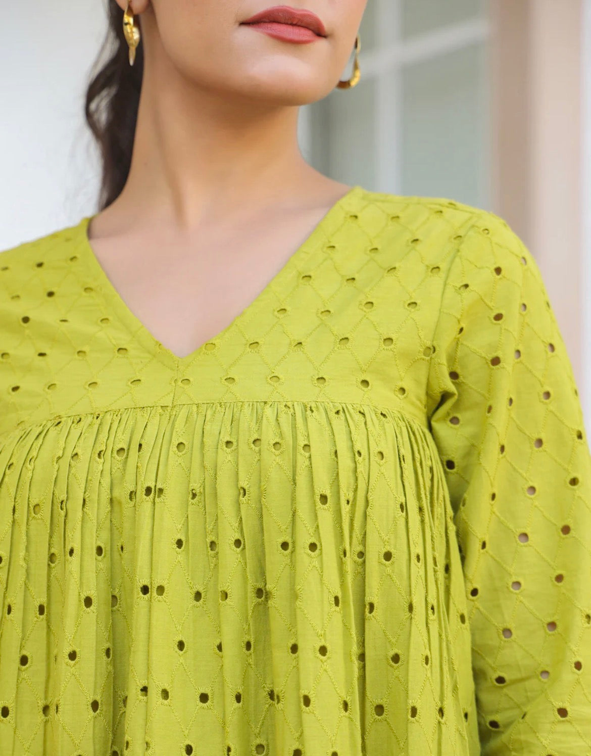 AHIRI’s Women's Lime Green Pure Cotton Schiffli A-Line Tunic