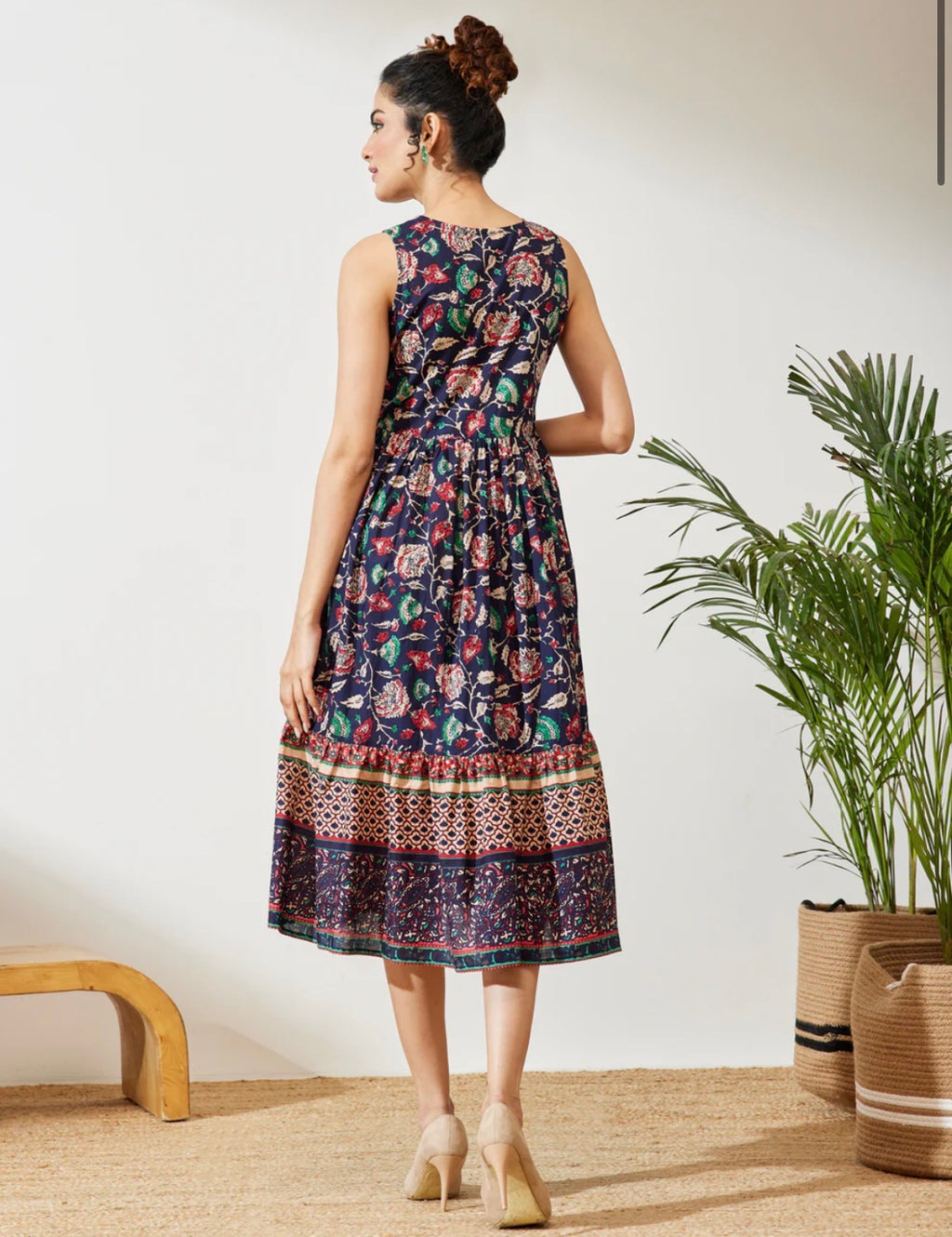 AHIRI’s Women's Navy Blue Cotton Floral Fit And Flare V Neck Dress