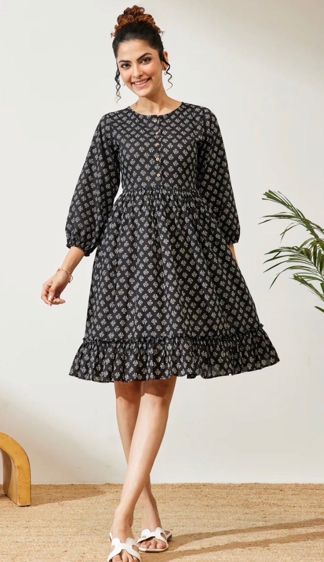 AHIRI’s Women's Black Pure Cotton Floral Printed A-Line Dress