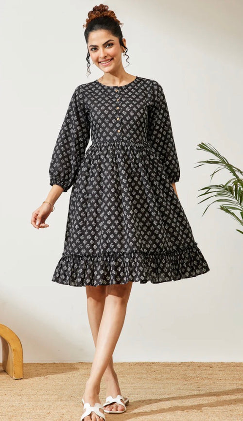 AHIRI’s Women's Black Pure Cotton Floral Printed A-Line Dress