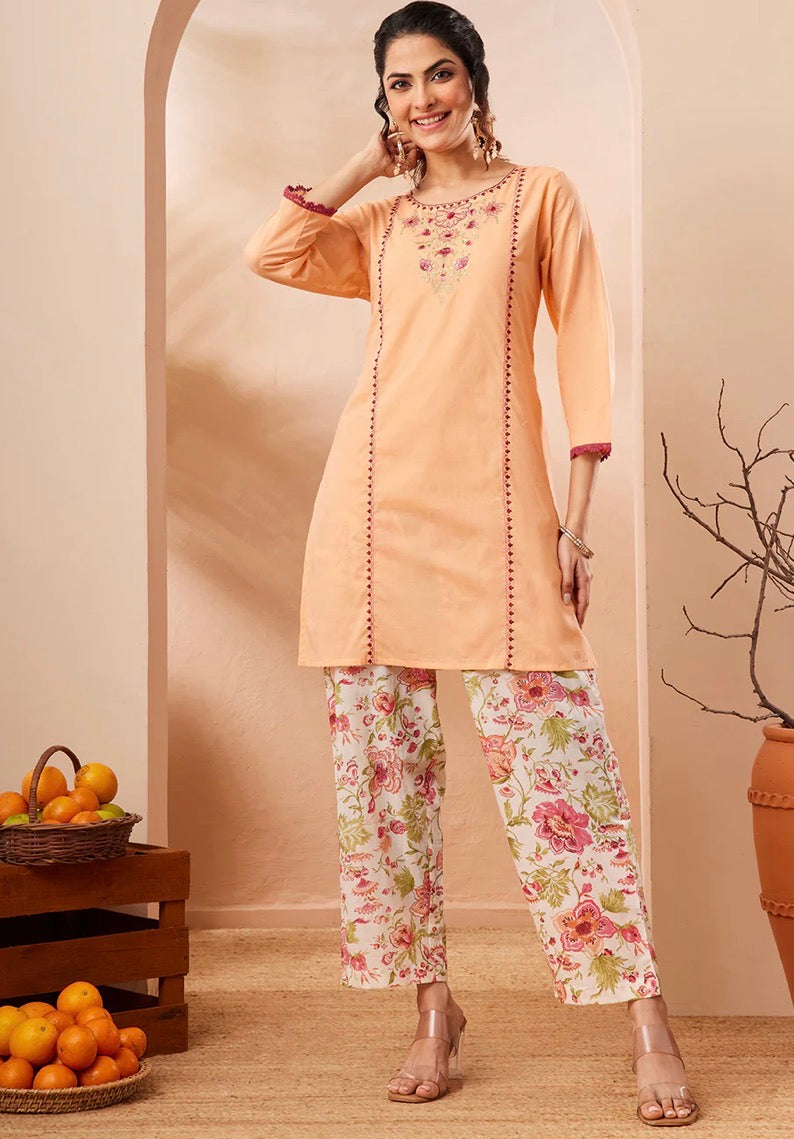 AHIRI’s Women's Peach Pure Cotton Yoke Embroidered Straight Co-Ord Set
