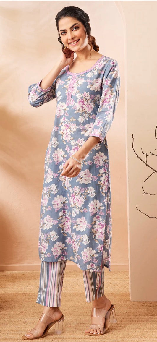 AHIRI’s Women's Grey Pure Cotton Floral Printed Straight Kurta With Pant Set