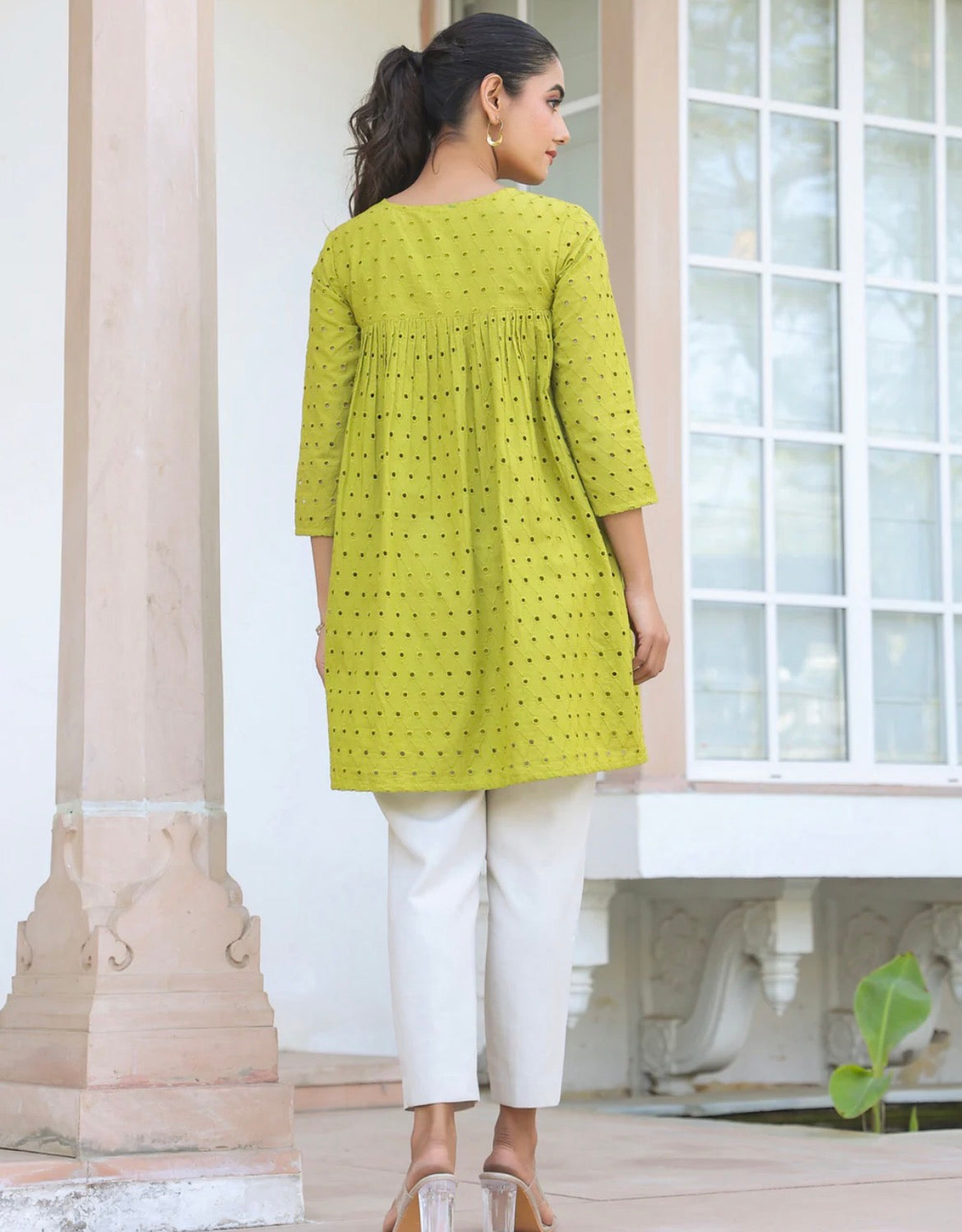AHIRI’s Women's Lime Green Pure Cotton Schiffli A-Line Tunic