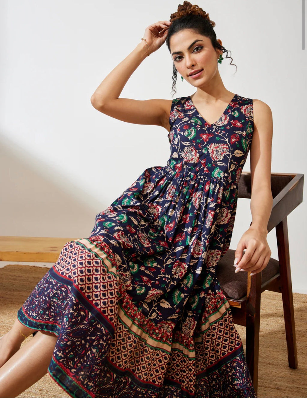 AHIRI’s Women's Navy Blue Cotton Floral Fit And Flare V Neck Dress