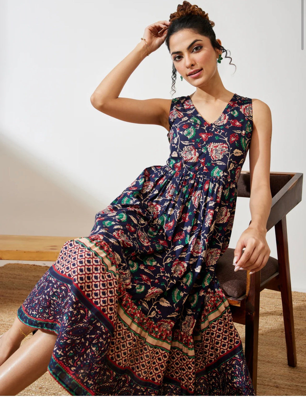 AHIRI’s Women's Navy Blue Cotton Floral Fit And Flare V Neck Dress