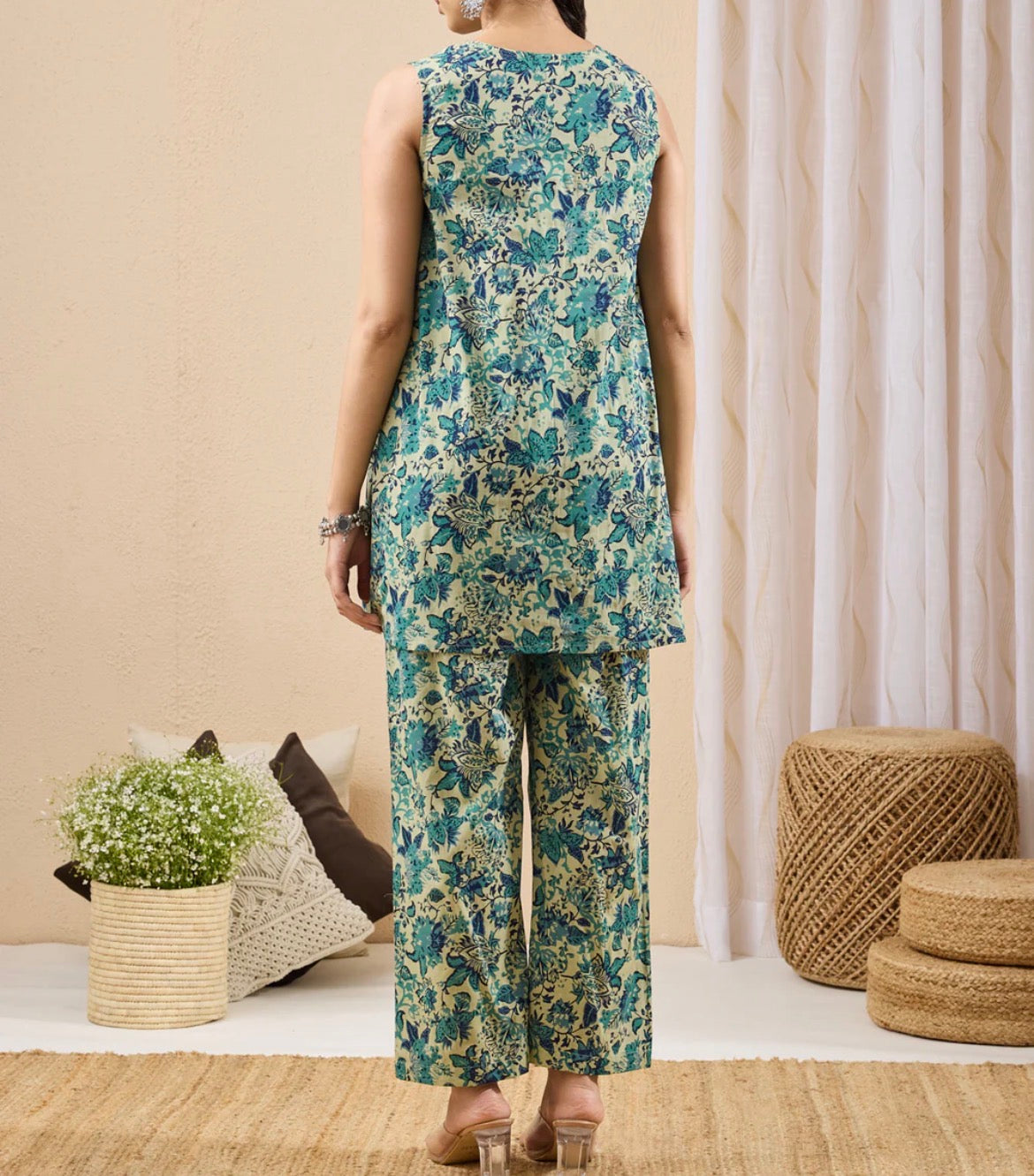Ahiri’s Women's Light Green Pure Cotton Floral Printed A-Line Co-Ord Set