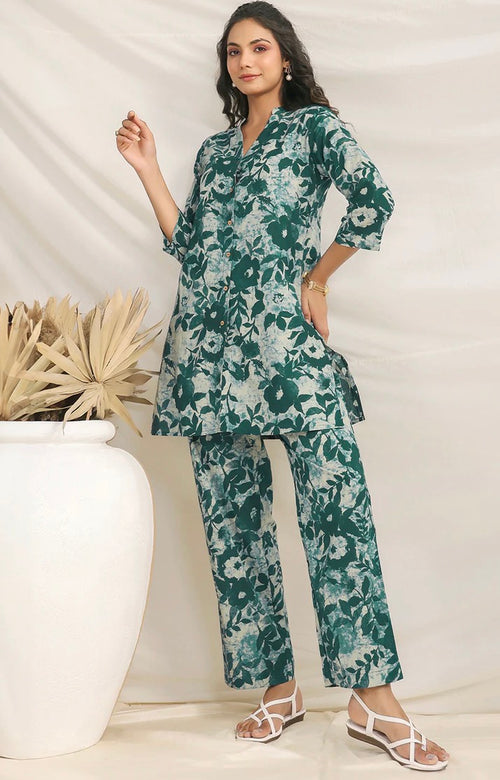 AHIRI’S Green Pure Cotton Floral Printed A-Line Co-Ord Set