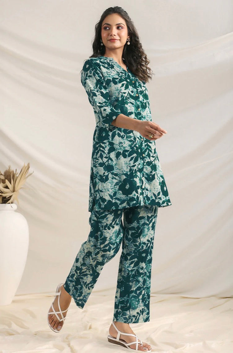AHIRI’S Green Pure Cotton Floral Printed A-Line Co-Ord Set