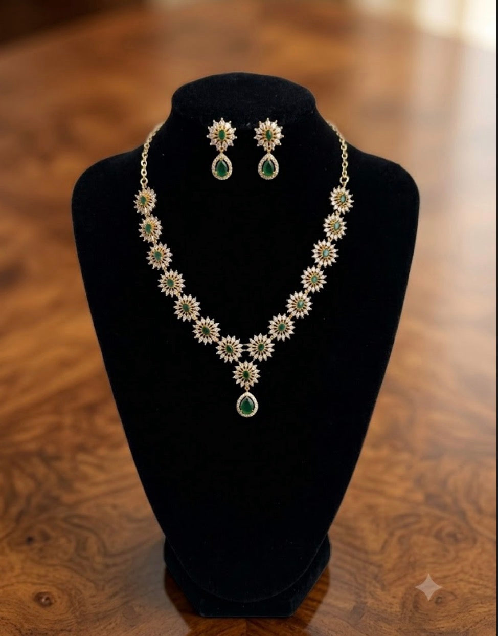 Emerald Floral Halo Necklace and Earring Set