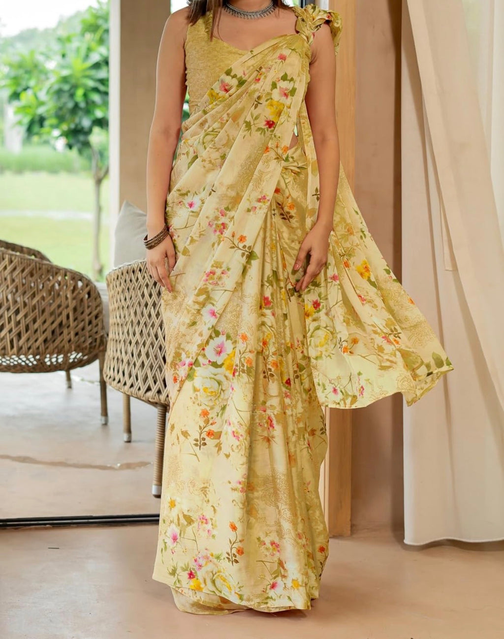 Dusty Yellow Chiffon Saree