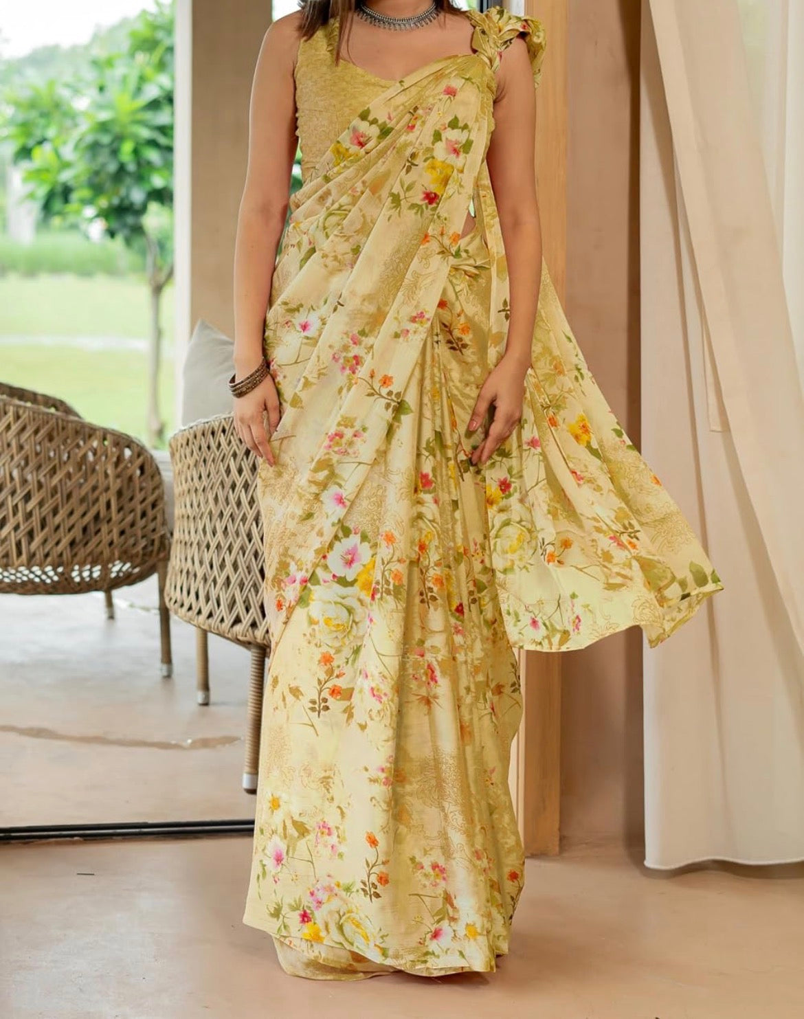 Dusty Yellow Chiffon Saree