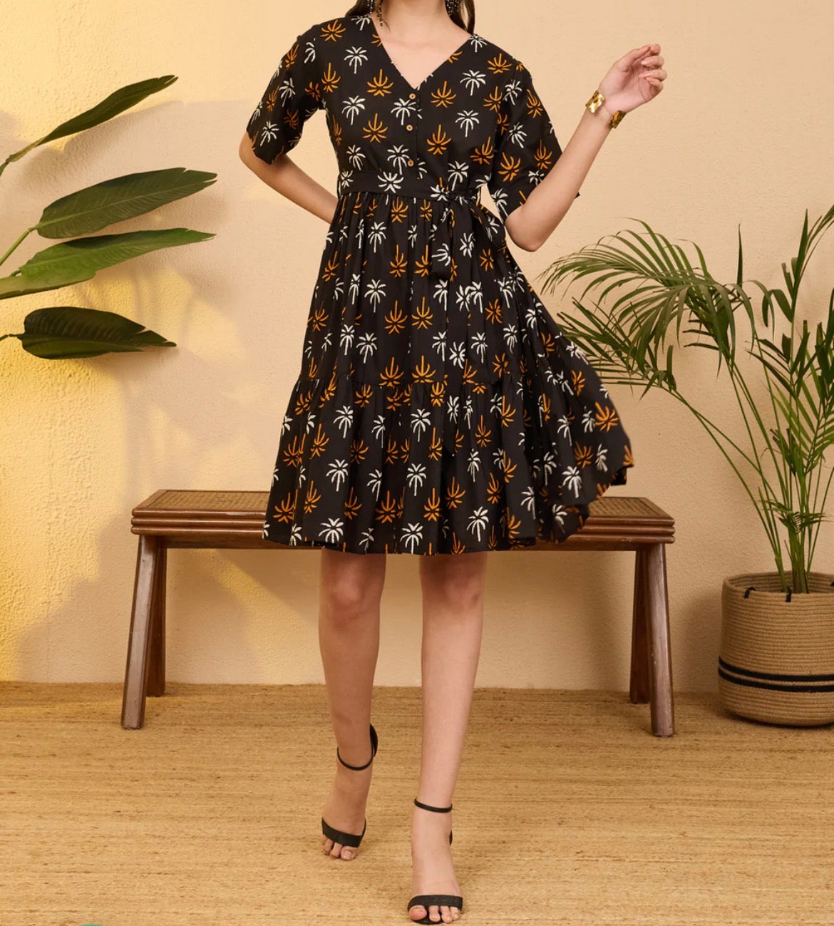 AHIRI’S Women's Black Pure Cotton Tropical Printed Fit & Flare Dress