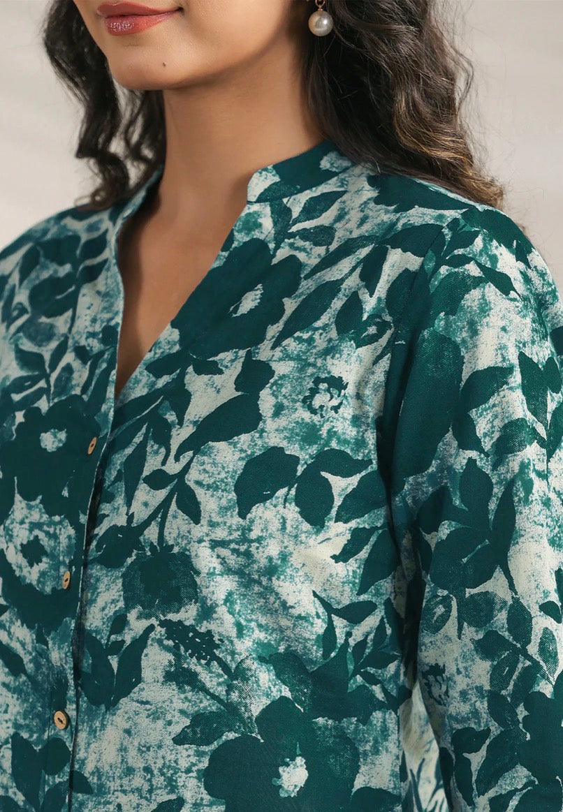 AHIRI’S Green Pure Cotton Floral Printed A-Line Co-Ord Set