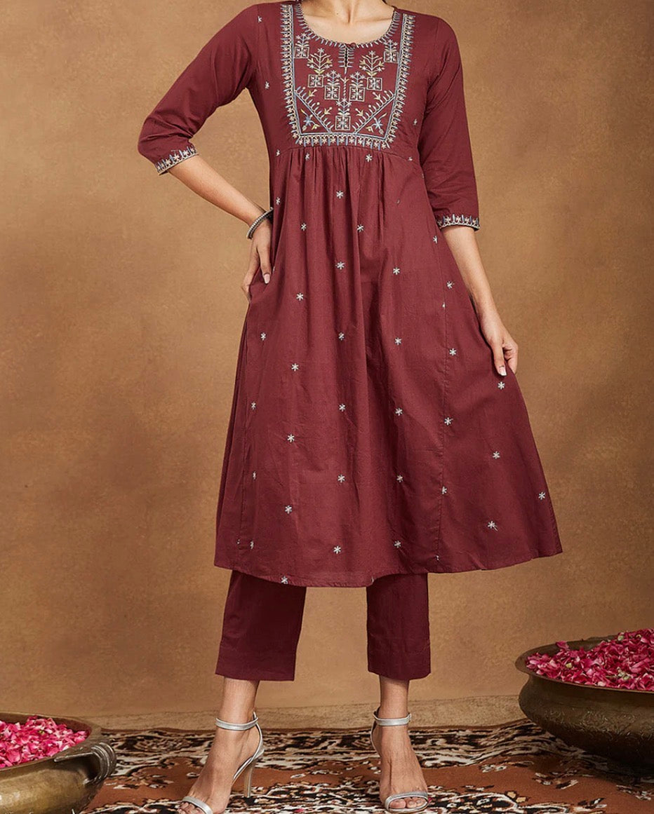 AHIRI’S Women's Maroon Pure Cotton Embroidered A-line Kurta With Pant Set