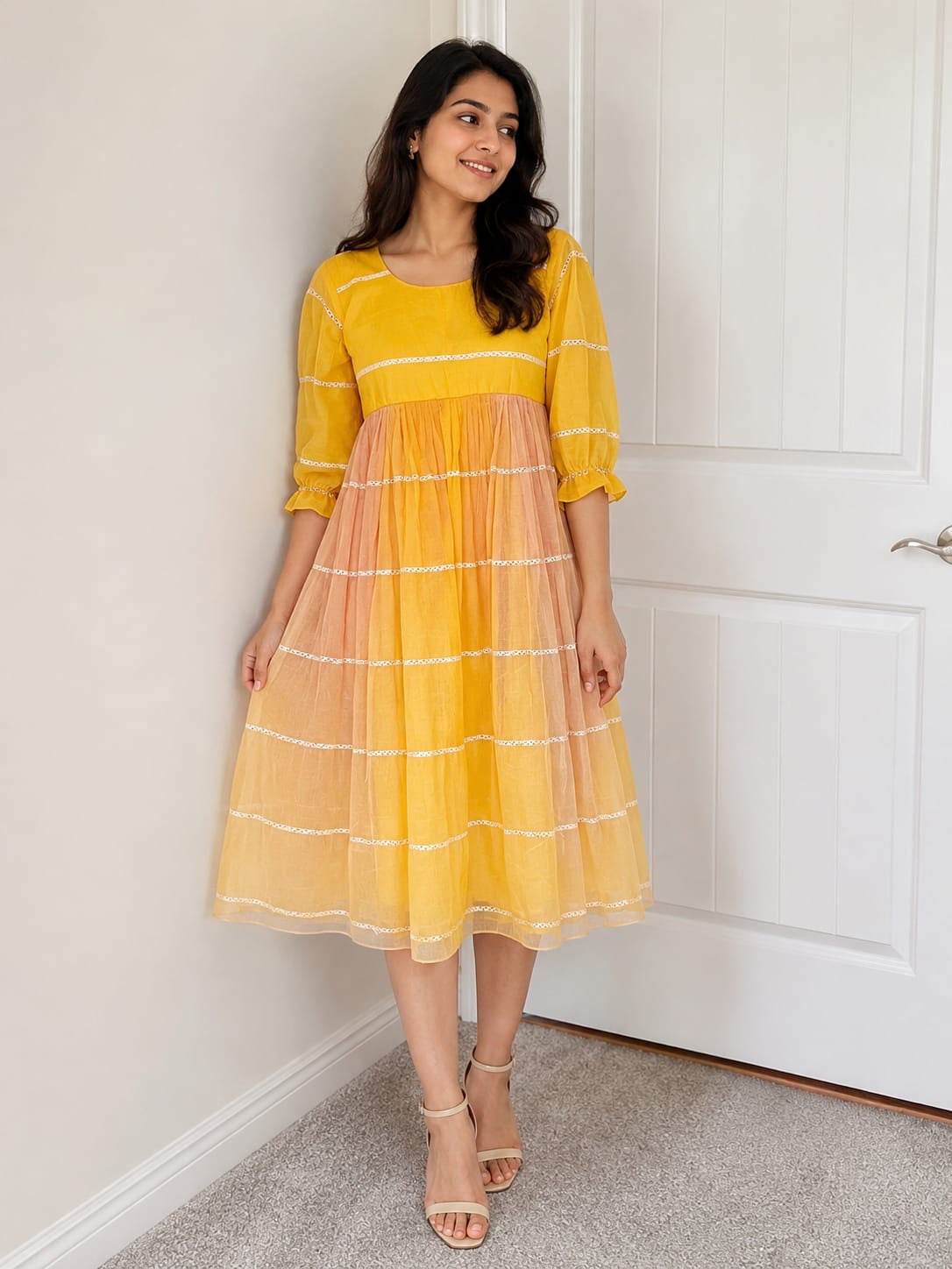 Golden Sunrise mul chanderi Layered Midi Dress with Lace Accents(Size-M(Margin extended upto XL size)