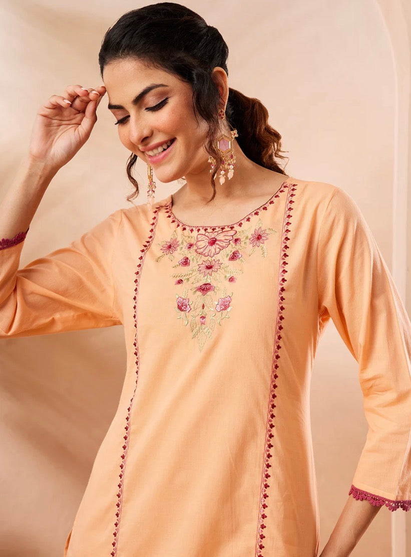 AHIRI’s Women's Peach Pure Cotton Yoke Embroidered Straight Co-Ord Set
