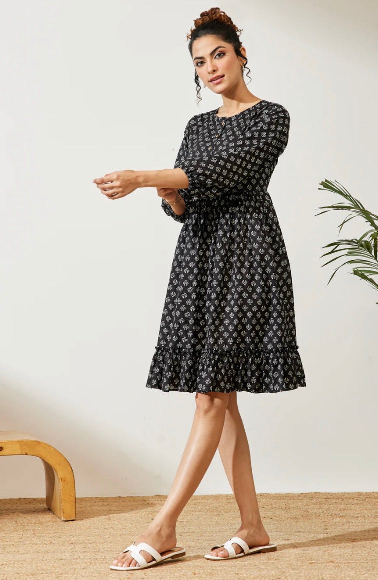 AHIRI’s Women's Black Pure Cotton Floral Printed A-Line Dress
