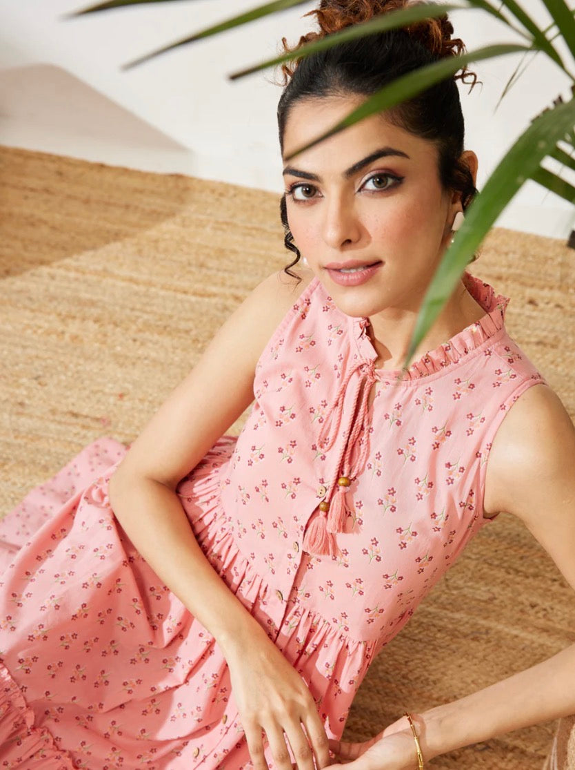 AHIRI’S Women's Peach Cotton Floral Printed Fit & Flare Dress