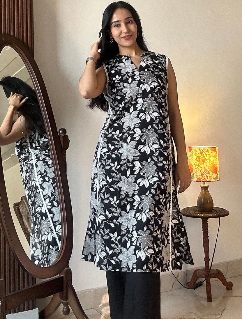 AHIRI’s Women's Black Pure Cotton Floral Printed A-Line Kurta Pant Set