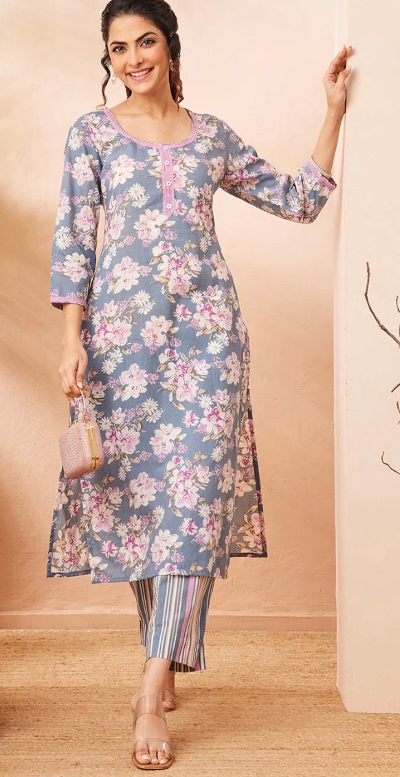 AHIRI’s Women's Grey Pure Cotton Floral Printed Straight Kurta With Pant Set