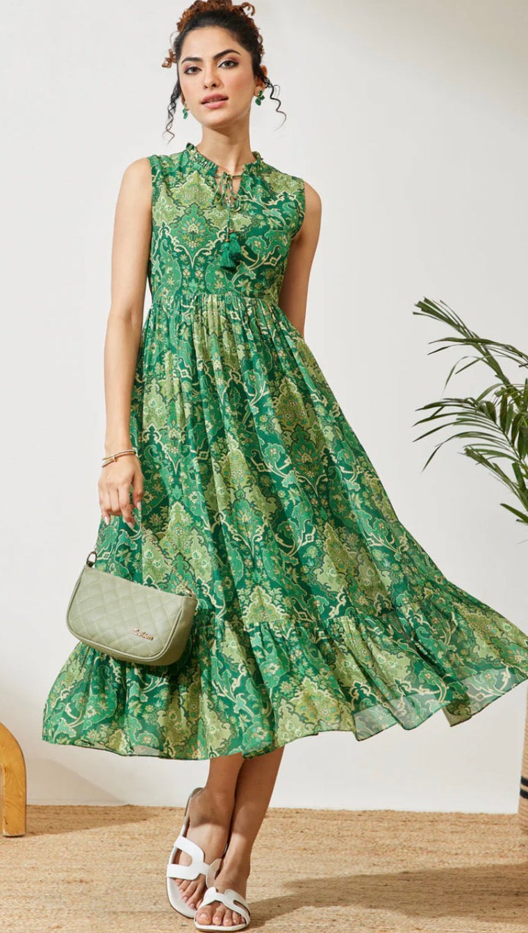 AHIRI’s Women's Green Georgette Floral Printed Fit & Flared Dress