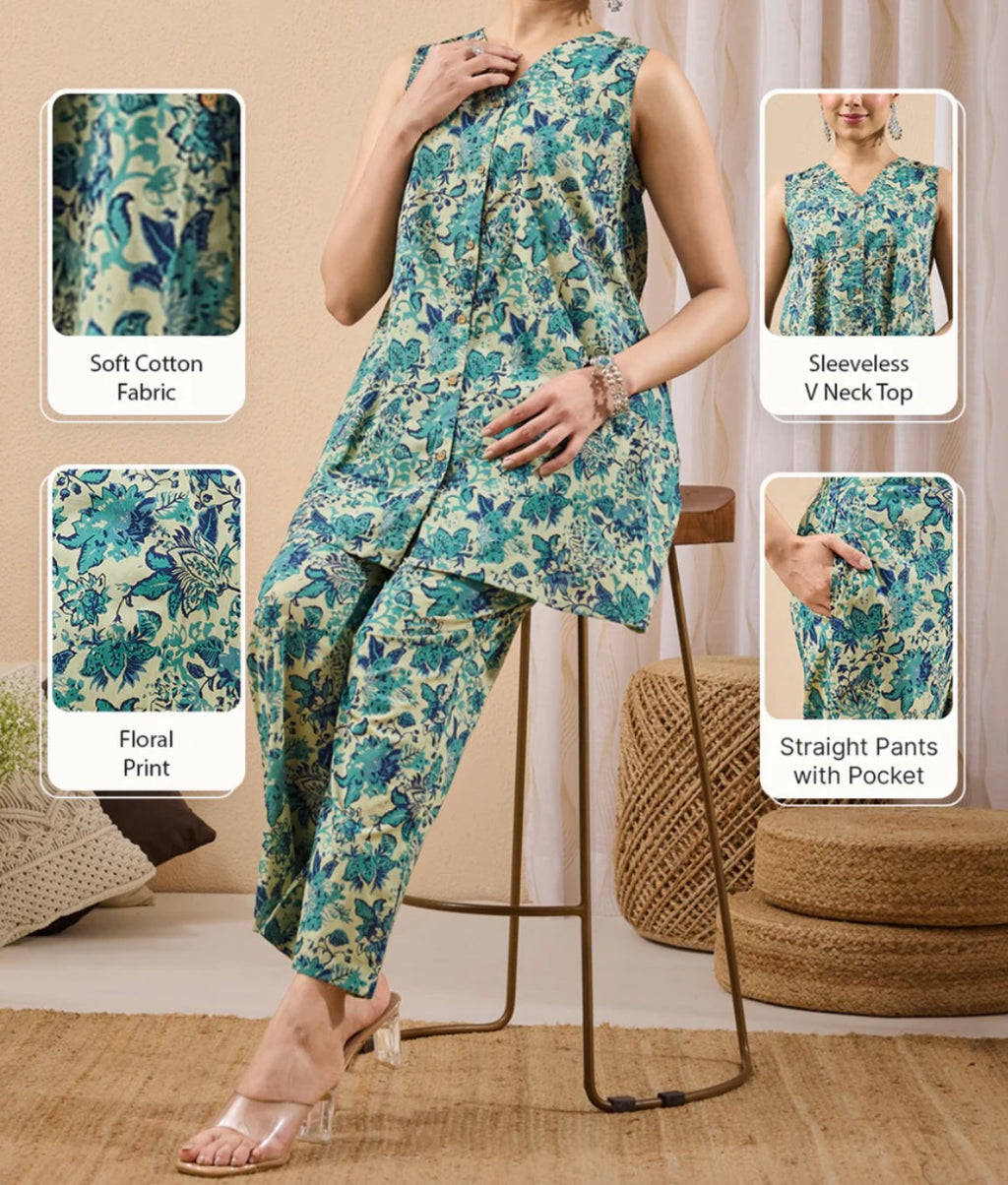 Ahiri’s Women's Light Green Pure Cotton Floral Printed A-Line Co-Ord Set