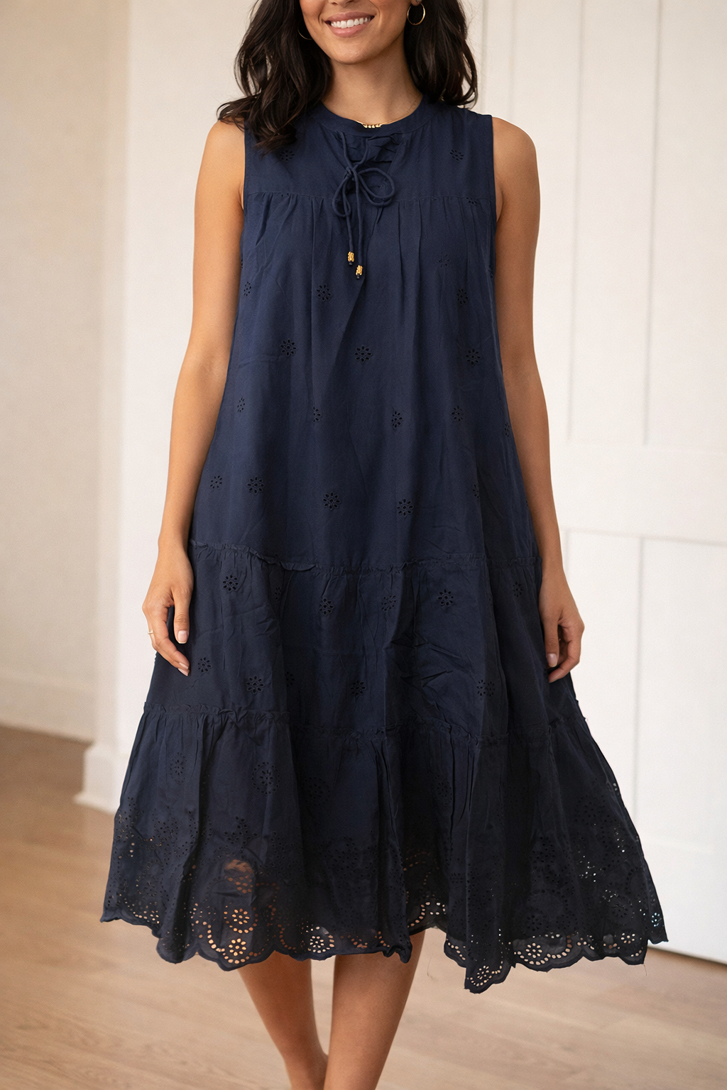 Navy Eyelet Tiered Midi Dress